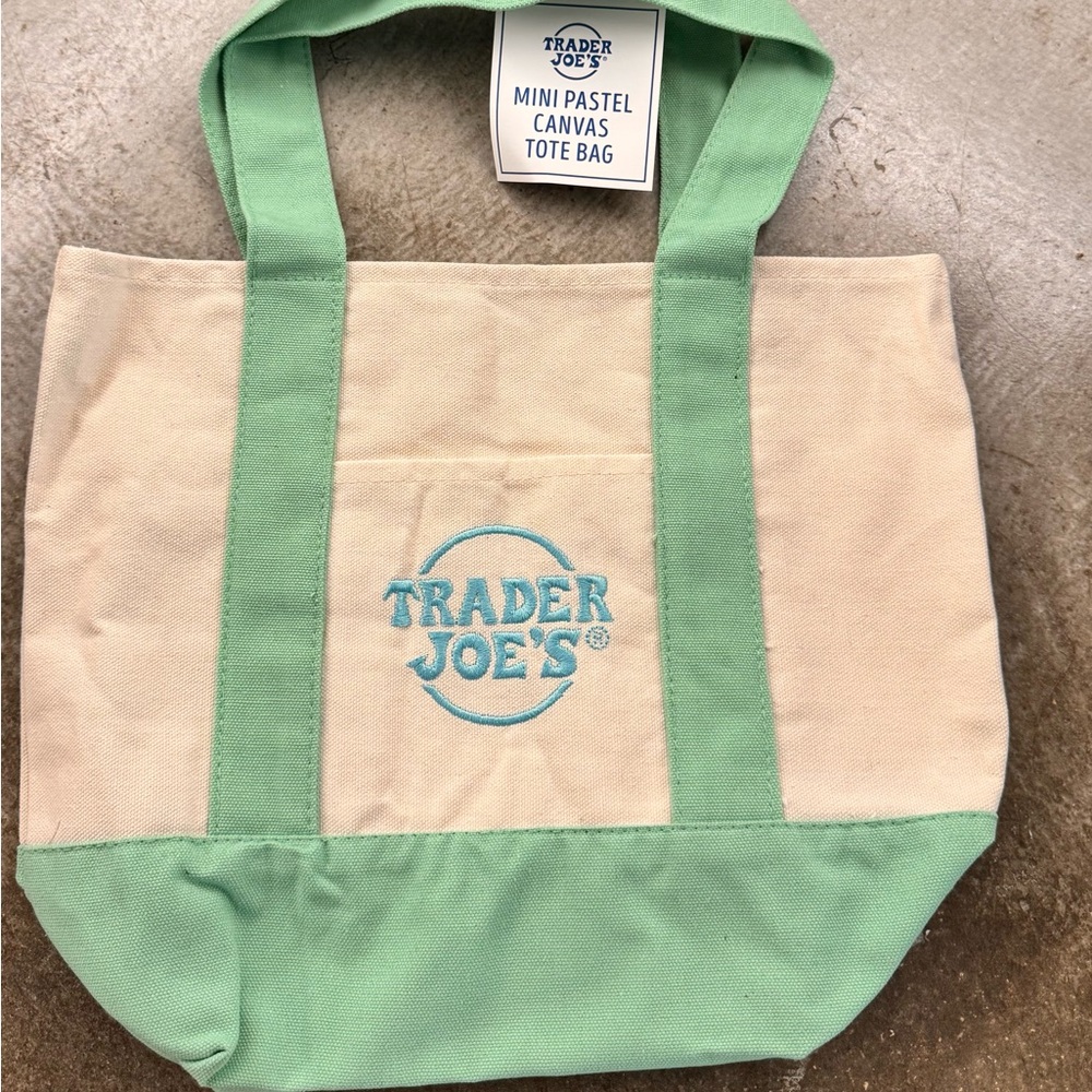 Trader Joe's Mini Pastel Canvas Tote Bag - Mint Green & Cream